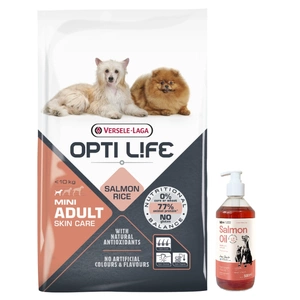 Versele-Laga Opti Life Adult Skin Care Mini cu somon 7,5 kg + LAB V Ulei de somon pentru câini și pisici 500 ml