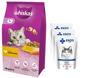 WHISKAS Hrană uscată pentru pisici 1+ cu pui 14kg (în caz de lipsă de pungi de 14kg trimitem 2x7kg)+ENZO VET Renal cu carne de vită în jeleu pentru pisici 3x100g