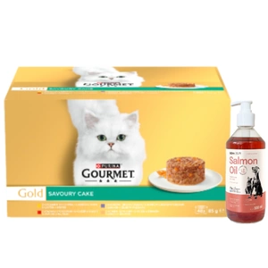 Purina Gourmet Gold Cat Food Savoury Cake 48 x 85 g+LAB V Ulei de somon pentru câini și pisici 500 ml