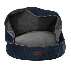 RECOBED pouf cu pătură Velour gri/bleumarin S Ø55cm