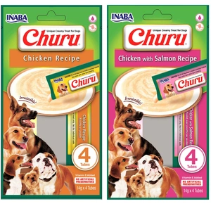 INABA Churu 4P gustări pentru câini cu aromă de pui și somon 4x(4x14g) + INABA Churu 4P gustări pentru câini cu aromă de pui 4x(4x14g)