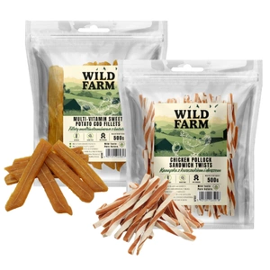 WILD FARM sandviș cu pui și cod 500 g gustare pentru câini + WILD FARM fileuri de cartofi dulci multivitaminice 500 g gustare pentru câini