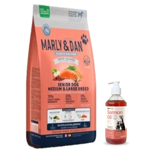 Hrană uscată Marly & Dan Senior Dog Rase Medii și Mari cu Somon Proaspăt Holistică și Hipoalergenică 12 kg + Ulei de Somon LAB V pentru câini și pisici 500 ml