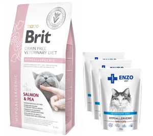 Brit Grain Free Veterinary Diet Cat Hypoallergenic Somon cu mazăre 5kg+ENZO VET Hypoallergenic cat food with lamb jelly 3x100g