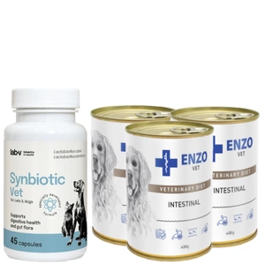 LAB-V Synbiotic Vet - Suport pentru sănătatea gastrointestinală și microflora intestinală pentru câini și pisici 45 capsule+ENZO VET Dieta gastrointestinală cu miel pentru câini 3x400g