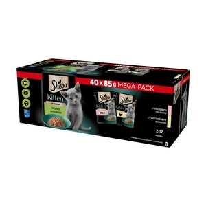 SHEBA Kitten Selection of Flavours pungi 40x85 g – hrană umedă completă pentru pisoi, în sos (bucăți cu: somon, pui)