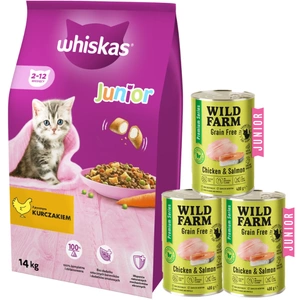 WHISKAS Hrană uscată pentru pisoi Junior cu pui 14 kg + WILD FARM Premium fără cereale Pui și somon Junior 3x400 g