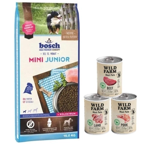 BOSCH Mini Junior Poultry 15 kg + Wild Farm Pate MIX Flavours 3x400 g