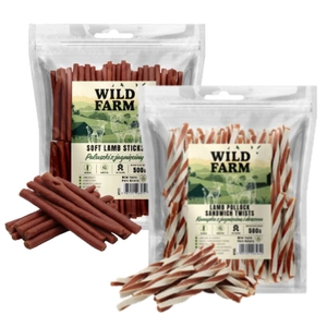 WILD FARM Lamb Chips 500 g gustare pentru câini + WILD FARM Lamb and Cod Sandwich 500 g gustare pentru câini