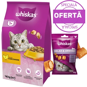WHISKAS Hrană uscată pentru pisici 1+ cu pui 14 kg + WHISKAS Relaxare și calm 45 g