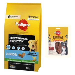 PEDIGREE® Junior Professional Nutrition 12kg cu carne de pasăre și legume - hrană uscată completă pentru căței de rase mari și medii+ PEDIGREE® Ranchos™ Superfoods cu carne de vită, fructe de pădure și cereale integrale 70g GRATIS