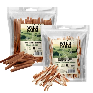 WILD FARM sandwich cu pui și cod 500g tratament pentru câini+WILD FARM fâșii de iepure 500g tratament pentru câini
