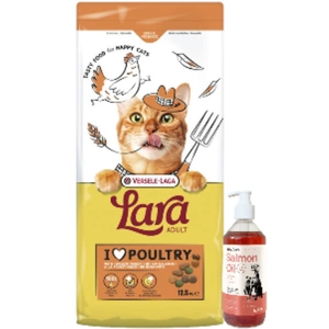 VERSELE-LAGA Lara Adult Turkey & Chicken 12,5 kg – hrană pentru pisici adulte cu curcan și pui + LAB V Ulei de somon pentru câini și pisici 500 ml