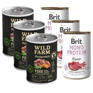 Brit Mono Protein Lamb 3x400g + Wild Farm Monoprotein Pork 3x400g