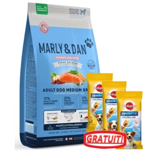 Hrană uscată Marly & Dan pentru câini adulți de rasă medie, cu somon proaspăt, holistică și hipoalergenică, 12 kg + PEDIGREE DentaStix 3x45/77g