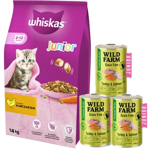 WHISKAS Hrană uscată pentru pisoi Junior cu pui 14 kg + WILD FARM Premium fără cereale Curcan și somon Junior 3x400 g