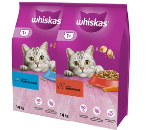 WHISKAS Hrană uscată pentru pisici 1+ cu ton 14 kg + WHISKAS Hrană uscată pentru pisici 1+ cu vită 14 kg — 3% reducere!!!
