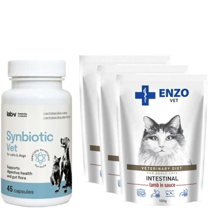 LAB-V Synbiotic Vet - Suport pentru sănătatea gastrointestinală și microflora intestinală pentru câini și pisici 45 capsule+ENZO VET Intestinal cu miel în sos pentru pisici 3x100g