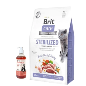 Brit Care Cat Grain-Free Sterilised Weight Control cu rață și curcan 7 kg + LAB V Ulei de somon pentru câini și pisici 500 ml