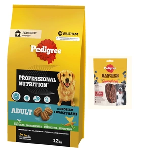 PEDIGREE® Adult Professional Nutrition 12kg cu carne de pasăre și legume - hrană uscată completă pentru câini adulți din rase mari și mijlocii + PEDIGREE® Ranchos™ Superfoods cu carne de vită, fructe de pădure și cereale integrale 70g GRATUIT