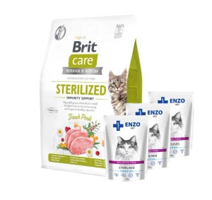 BRIT Care Cat Grain-Free Sterilized Immunity Support 7kg+3xENZO VET Dieta sterilizată pentru pisici sterilizate cu curcan în jeleu 100g