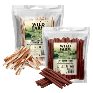 WILD FARM sandviș cu pui și cod 500 g gustare pentru câini + WILD FARM bastonașe de miel 500 g gustare pentru câini