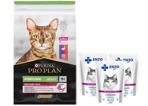 PURINA Pro Plan Cat Sterilized Duck & Liver 10kg+3x ENZO VET Sterilizat cu vițel în sos 100g