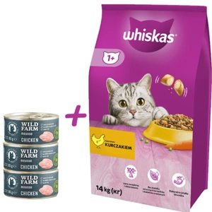 WHISKAS Hrană uscată pentru pisici 1+ cu pui 14 kg (dacă pungile de 14 kg nu sunt disponibile, vom trimite 2 pungi de 7 kg) + WILD FARM Mousse Chicken 3x85 g