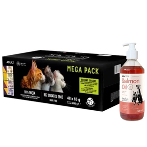 PetRepublic hrană umedă pentru pisici bucăți în sos delicat MIX de arome de carne 48x85g+LAB V Ulei de somon pentru câini și pisici 500ml