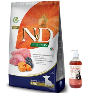 Farmina N&amp;D Pumpkin Grain Free Canine Puppy Mini Lamb &amp; Blueberry 7kg+LAB V Ulei de somon pentru câini și pisici 500ml
