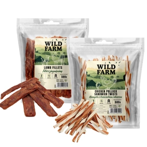WILD FARM sandviș cu pui și cod 500 g gustare pentru câini + WILD FARM file de miel 500 g gustare pentru câini