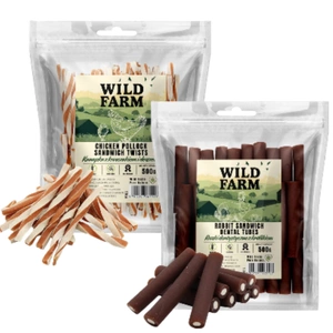 WILD FARM sandwich cu pui și cod 500g tratament pentru câini+WILD FARM iepure tuburi dentare 500g tratament pentru câini