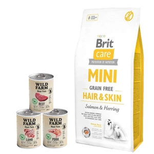 Brit Care Mini Grain-Free Hair & Skin 7kg+Wild Farm Pate MIX Flavours 3x400g