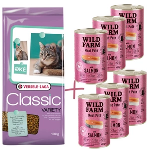 Versele-Laga Classic Cat Variety 10 kg + 6 x WILD FARM Pate cu somon 400 g - hrană fără gluten pentru pisici