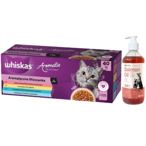 WHISKAS Adult pungi Aromatic Mix 40 x 85 g - hrană umedă pentru pisici +LAB V Ulei de somon pentru câini și pisici 500 ml