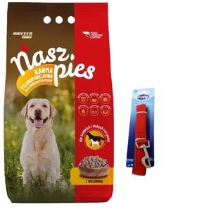 Hrană pentru câini Our Dog cu carne de vită 15 kg + lesă pentru câini Zippy, roșu