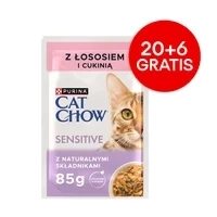CAT CHOW Hrană sensibilă pentru pisici cu somon și dovlecel în sos 85g - 20 FELURI + 6 GRATIS !!!