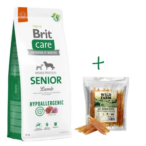 BRIT CARE Hipoalergenic Senior Lamb 12 kg + WILD FARM fâșii moi de pui 500 g gustare pentru câini