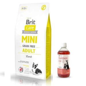 BRIT CARE Mini Grain-Free Adult Lamb 7kg+LAB V Salmon Oil pentru câini și pisici 500ml