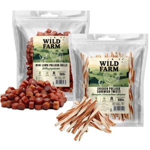 WILD FARM sandviș cu pui și cod 500 g gustare pentru câini + WILD FARM rulouri cu miel 500 g gustare pentru câini