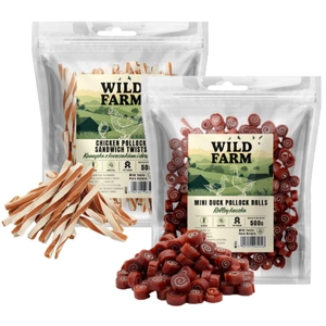 WILD FARM sandviș cu pui și cod 500 g gustare pentru câini + WILD FARM rulouri cu rață 500 g gustare pentru câini