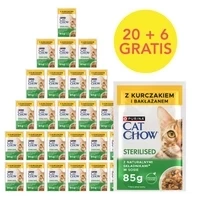 CAT CHOW Hrană sterilizată pentru pisici cu pui și vinete în sos 85g - 20 FELURI + 6 GRATIS !!!