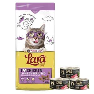Versele-Laga Lara Adult Light Sterilised 12,5 kg – hrană pentru pisici sterilizate + WILD FARM Fileuri de vită și pui 3x70 g