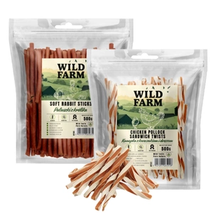 WILD FARM sandviș cu pui și cod 500 g gustare pentru câini + WILD FARM bastonașe de iepure 500 g gustare pentru câini
