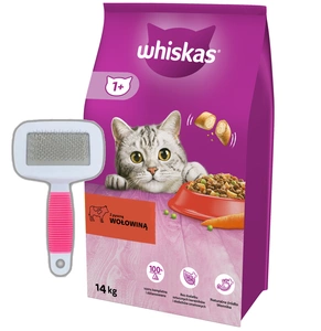 WHISKAS Hrană uscată pentru pisici 1+ cu carne de vită 14 kg + perie de păr pentru câini / pisici / iepuri -3%