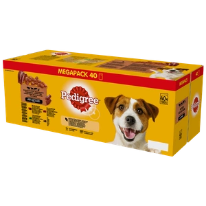 PEDIGREE Adult plic 40x100 g - Mixed Flavours in Sauce, hrană umedă completă pentru câini adulți (bucăți bogate în amestec de vită și miel, amestec de miel și ficat, amestec de vită și ficat și rață)