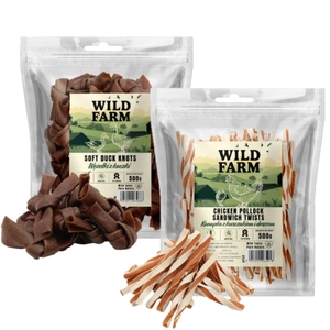 WILD FARM sandviș cu pui și cod 500 g gustare pentru câini + WILD FARM noduri de rață 500 g gustare pentru câini