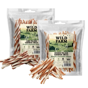 WILD FARM sandviș cu pui și cod 500 g gustare pentru câini + WILD FARM sandviș cu miel și cod 500 g gustare pentru câini