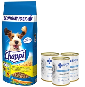 Chappi Hrană uscată pentru câini cu carne de pasăre și legume 13,5 kg + ENZO VET Dietă hipoalergenică cu curcan pentru câini 3x400 g
