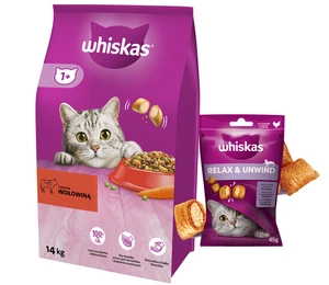 WHISKAS Hrană uscată pentru pisici 1+ cu carne de vită 14kg+WHISKAS Relax & Relieve 45g